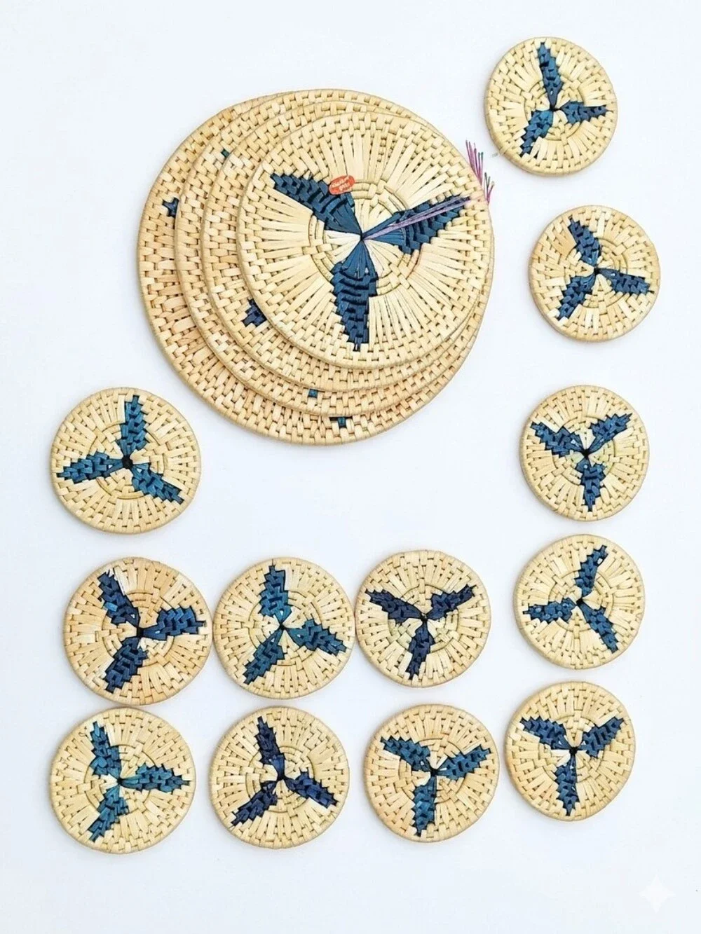 Handwoven Rattan Boho Blue Accent Coasters and Trivets - Set of 16